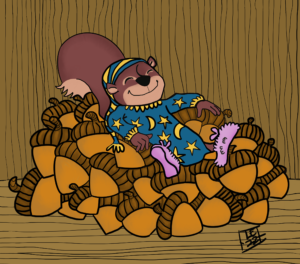 A squirrel in blue and yellow pajamas sleeps on its pile of acorns inside its nest in a tree